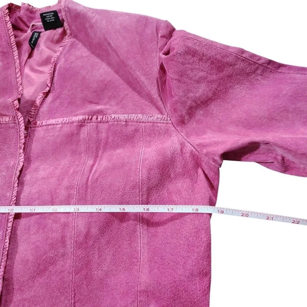 Pink Ruffle Suede Jacket Petite Size M Fitted Hook Front Y2K Feminine Soft Girl - Picture 6 of 8
